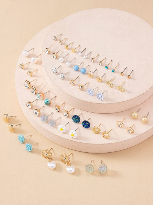 Vembley Trendy Set Of 30 Pair Crystal, Pearl & Flower Stud Earrings for Women & Girls