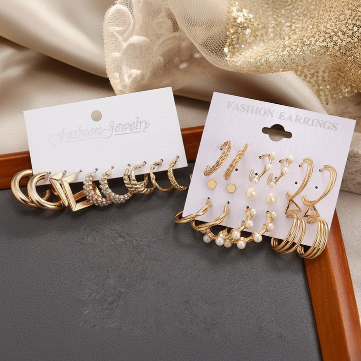 Vembley Pack of 14 Elegant Gold-Plated Pearl Hoop & Stud Earrings Set