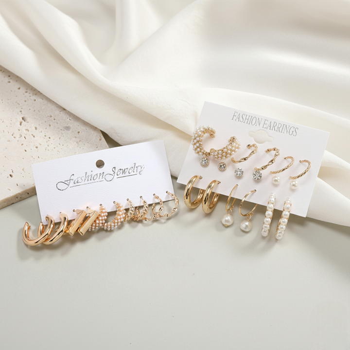 Vembley Combo of 14 Elegant Stylish Gold-Plated Pearl Hoop & Stud Earrings Set