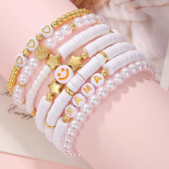 Vembley Trendy 7-Layer White and Gold Beaded Stackable Bracelet Set for Women with Smiley, Heart & Star Charms Chic Multilayer Stretch Boho Wrist Jewelry