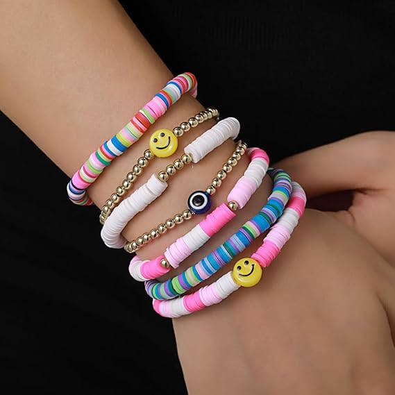 Vembley Trendy 7-Layer Multi and Gold Beaded Stackable Bracelet Set for Women with Smiley, Heart & Star Charms Chic Multilayer Stretch Boho Wrist Jewelry