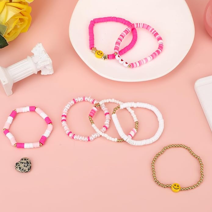 Vembley Trendy 7-Layer Pink and Gold Beaded Stackable Bracelet Set for Women with Smiley, Heart & Star Charms Chic Multilayer Stretch Boho Wrist Jewelry