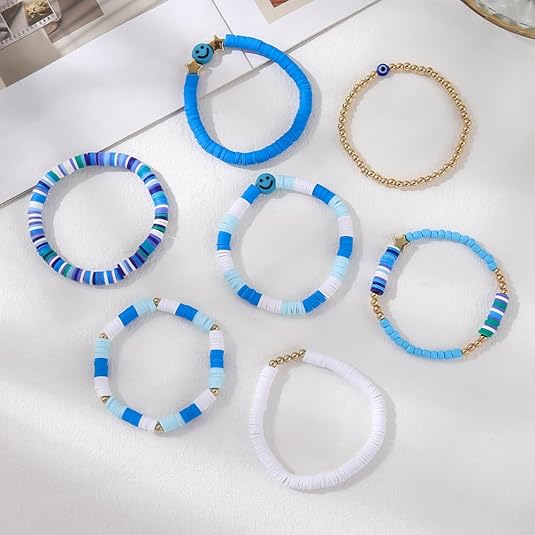 Vembley Trendy 7-Layer Blue and Gold Beaded Stackable Bracelet Set for Women with Smiley, Heart & Star Charms Chic Multilayer Stretch Boho Wrist Jewelry