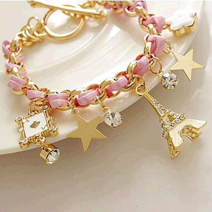 Studded Eiffel Tower Star Charms Bracelet