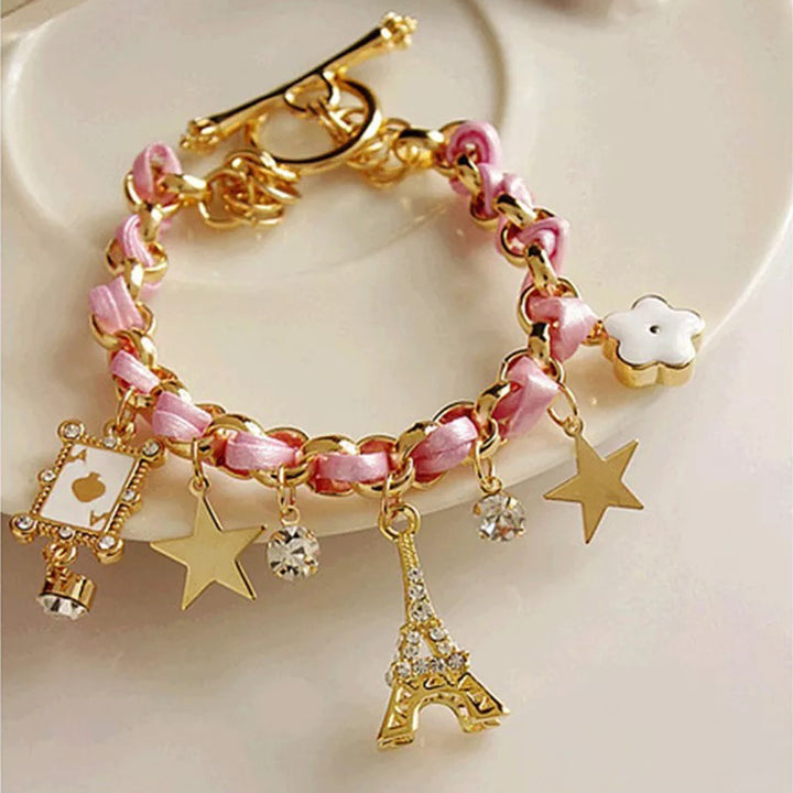 Studded Eiffel Tower Star Charms Bracelet