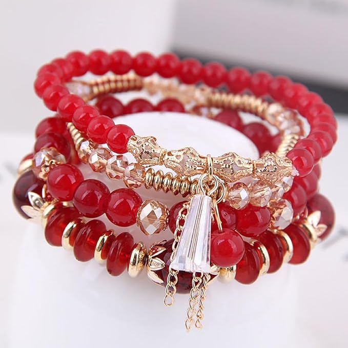 Vembley Boho Stackable Bracelets for Women Set, 4 Pack Girls Stretch Multilayer Stack Beads  Red Beaded Charm Bracelets