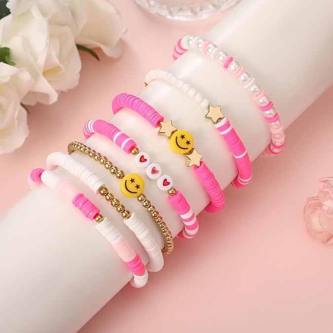 Vembley Trendy 7-Layer Pink and Gold Beaded Stackable Bracelet Set for Women with Smiley, Heart & Star Charms Chic Multilayer Stretch Boho Wrist Jewelry