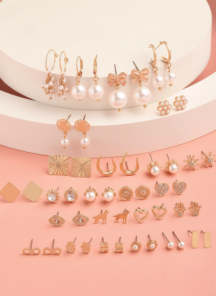 Vembley Stylish 25 Pair Gold Plated Pearl and Stud Earring Combo Set