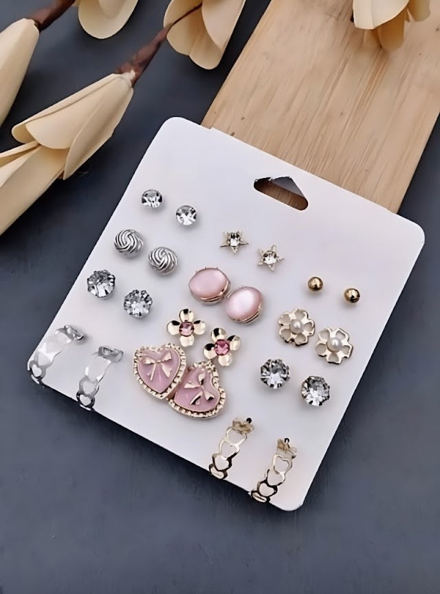 Vembley 12-Pair Earring Combo Featuring Pink Heart, Floral, And Crystal Studs