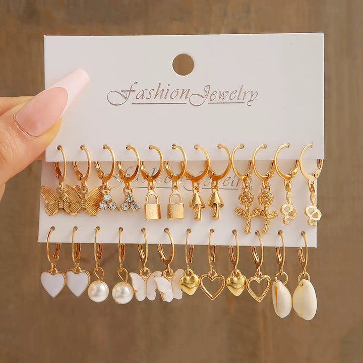 Vembley Trendy 12 Pair Gold Plated Charm Hoop Earring Set for Women & Girls