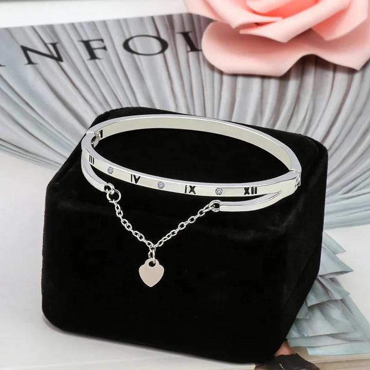 Roman Numerals Heart Charm Bracelet