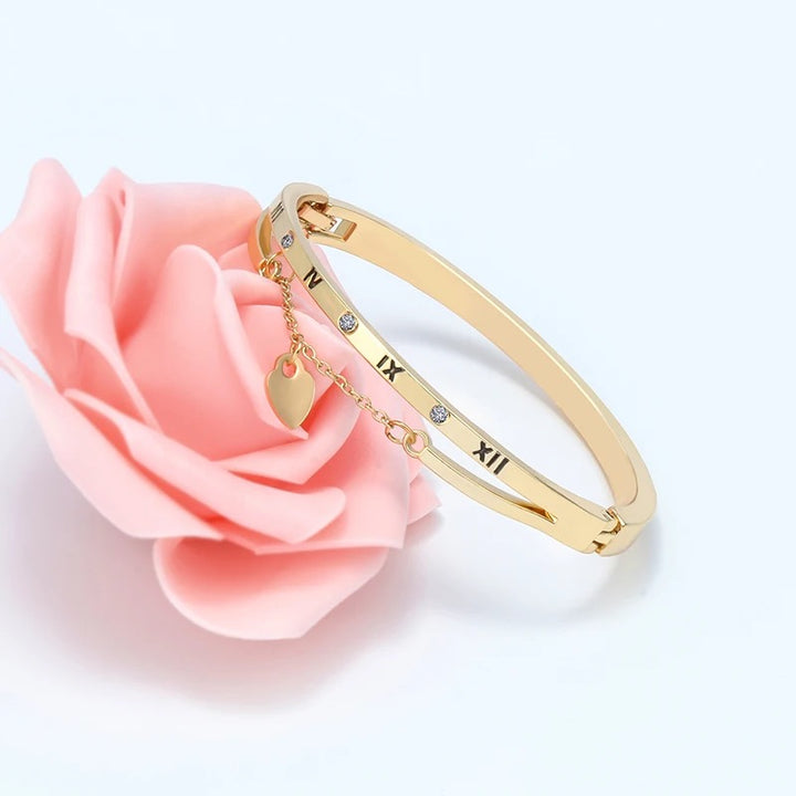 Roman Numerals Heart Charm Bracelet