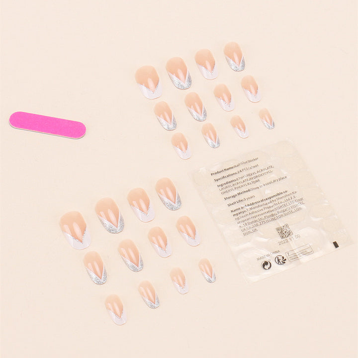 Vembley Set of 24 Artificial Reusable Nails In Silver Glitter With Manicure Design With Glue