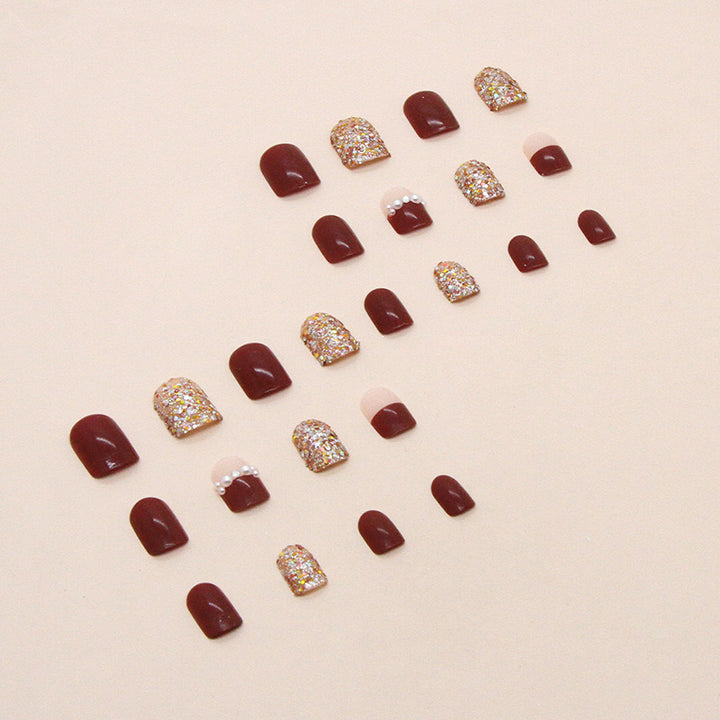 Vembley Set of 24 Artificial Reusable Nails in Golden And Maroon With Pearl And Glue