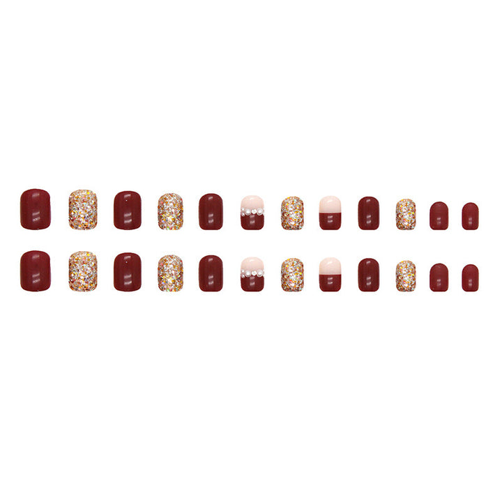 Vembley Set of 24 Artificial Reusable Nails in Golden And Maroon With Pearl And Glue