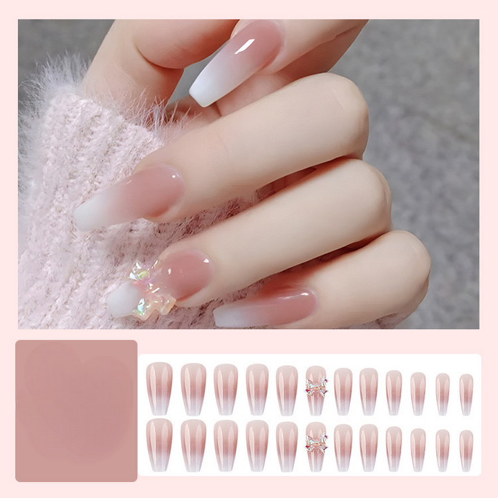Vembley Set of 24 Artificial Reusable Nails In Pink Cream Color With Bow With Glue Cream, Natural, Nude