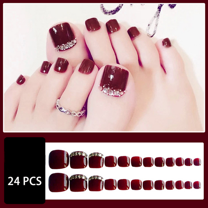 Vembley Set of 24 Artificial Reusable Toe Nails in Maroon Red colour With Glue And Stickers
