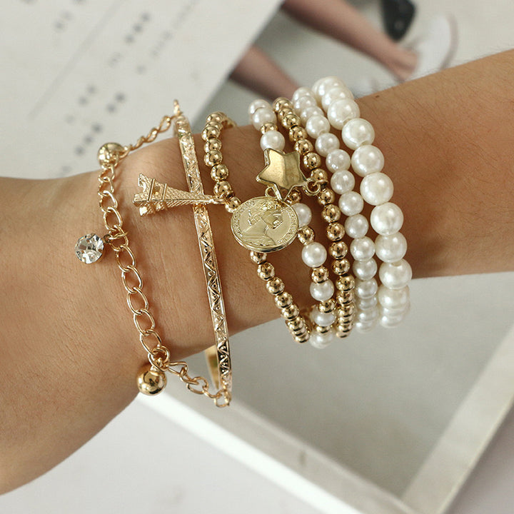 Vembley Gold Plated Pearl Studded Multistrand Korean Bracelet For Women and Girls