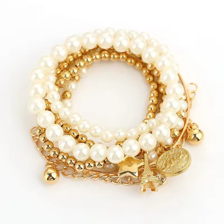 Vembley Gold Plated Pearl Studded Multistrand Korean Bracelet For Women and Girls