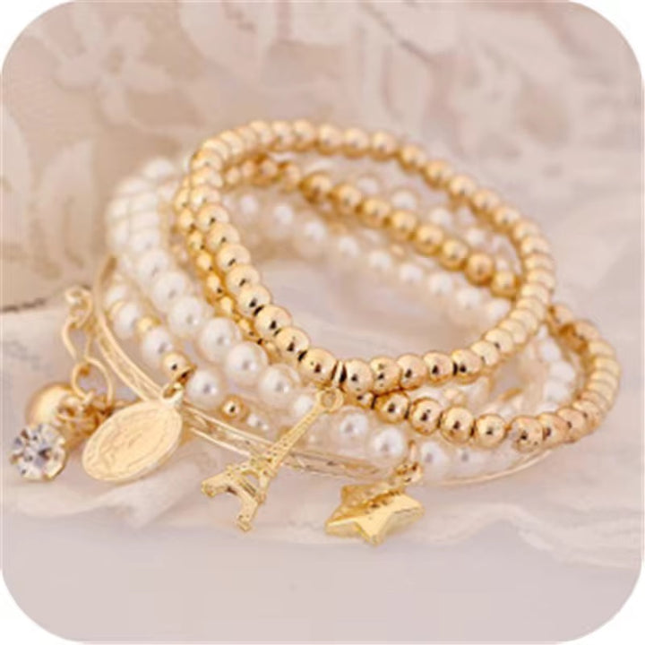 Vembley Gold Plated Pearl Studded Multistrand Korean Bracelet For Women and Girls