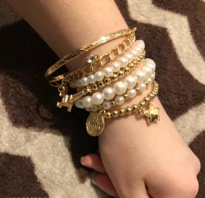 Vembley Gold Plated Pearl Studded Multistrand Korean Bracelet For Women and Girls