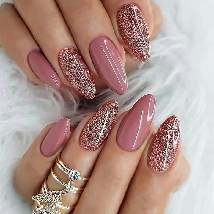 Vembley Set Of 24 pcs Resusable Artificial Glossy Pink Silver Glitter Almond Shape Press On Fake Nails With Glue Stickers