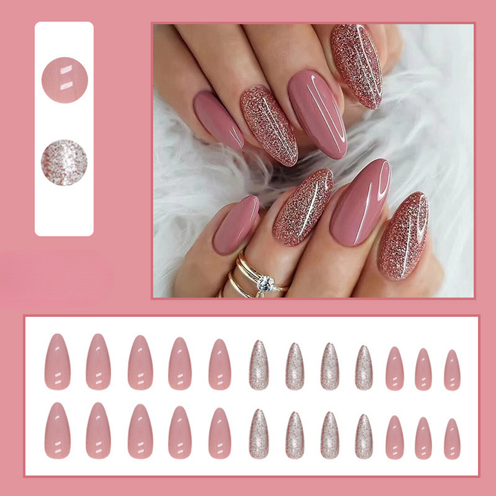Vembley Set Of 24 pcs Resusable Artificial Glossy Pink Silver Glitter Almond Shape Press On Fake Nails With Glue Stickers