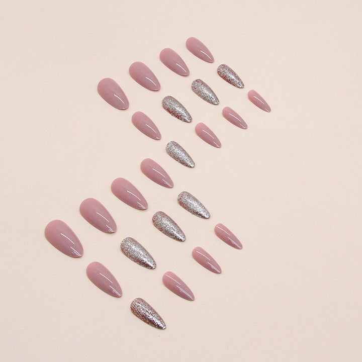 Vembley Set Of 24 pcs Resusable Artificial Glossy Pink Silver Glitter Almond Shape Press On Fake Nails With Glue Stickers