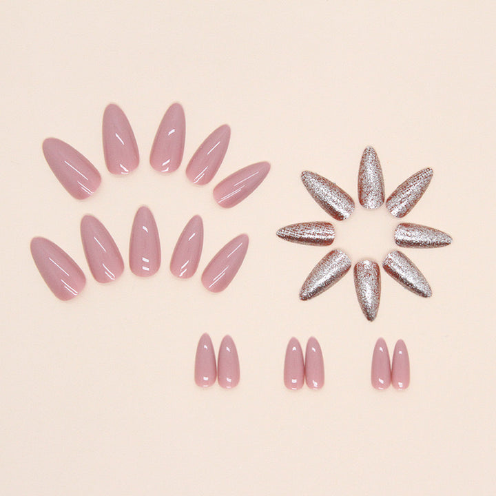 Vembley Set Of 24 pcs Resusable Artificial Glossy Pink Silver Glitter Almond Shape Press On Fake Nails With Glue Stickers