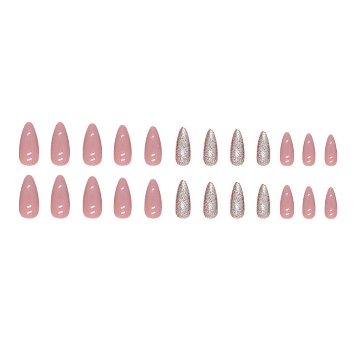 Vembley Set Of 24 pcs Resusable Artificial Glossy Pink Silver Glitter Almond Shape Press On Fake Nails With Glue Stickers