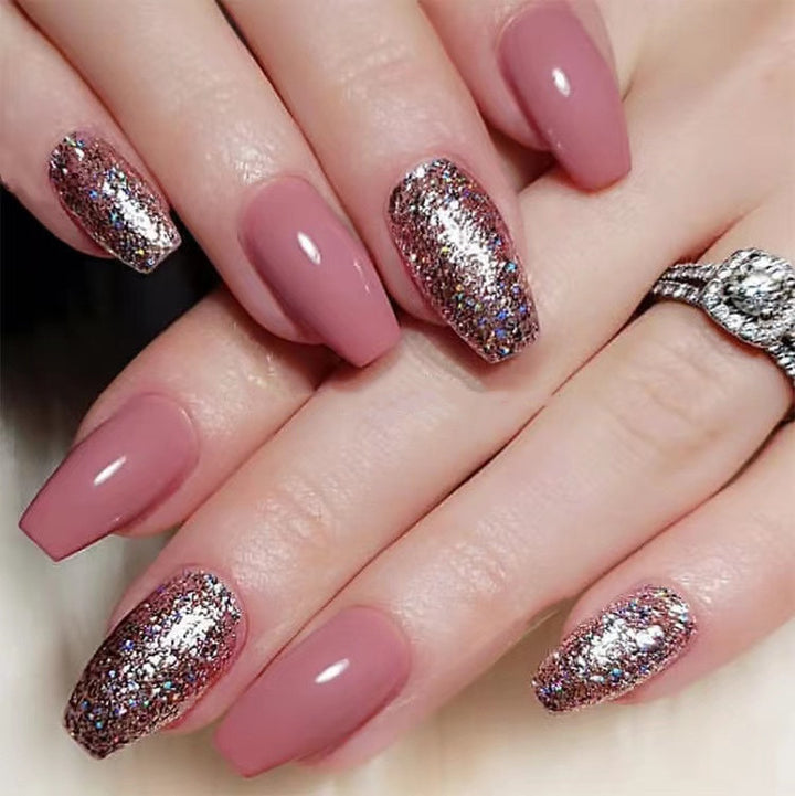 Vembley Set Of 24 pcs Resusable Artificial Glossy Pink Silver Glitter Almond Shape Press On Fake Nails With Glue Stickers