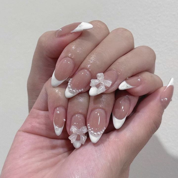 Vembley Set of 24 Pcs Artificial Reusable Press On Nails In Bowknot And Pearl Design With Sticker And Glue