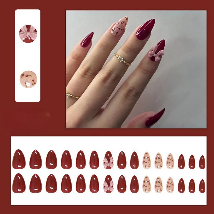 Vembley Set Of 24 Artificial / Fake Reusable Press on Korean Nails In Maroon and Pink Colour With Floral Detailing and 3D Bow Sticker And Glue