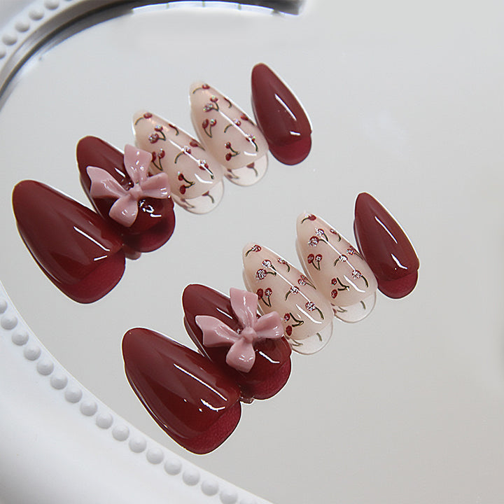 Vembley Set Of 24 Artificial / Fake Reusable Press on Korean Nails In Maroon and Pink Colour With Floral Detailing and 3D Bow Sticker And Glue