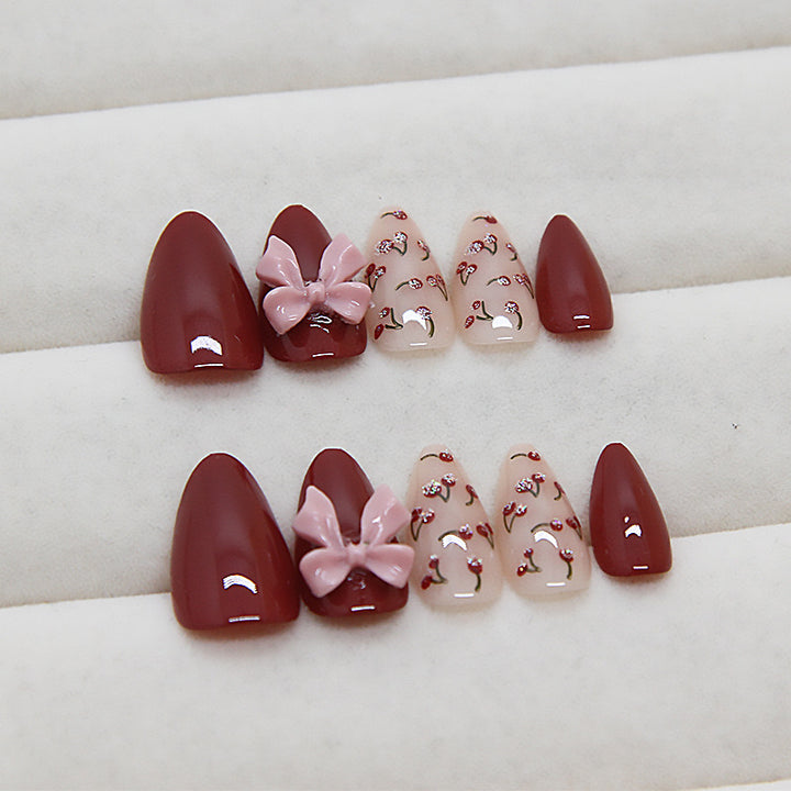 Vembley Set Of 24 Artificial / Fake Reusable Press on Korean Nails In Maroon and Pink Colour With Floral Detailing and 3D Bow Sticker And Glue