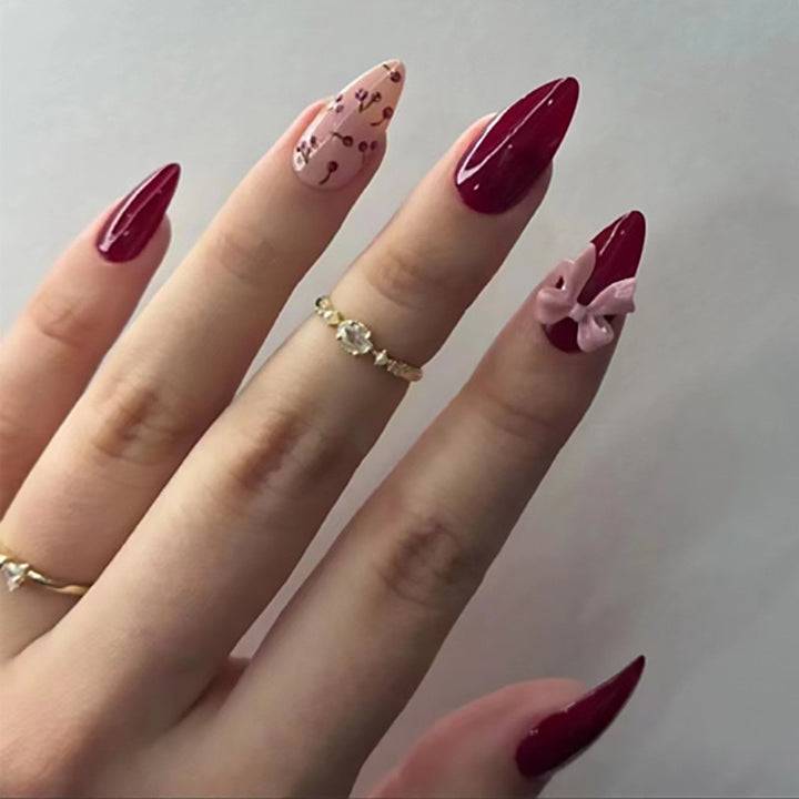 Vembley Set Of 24 Artificial / Fake Reusable Press on Korean Nails In Maroon and Pink Colour With Floral Detailing and 3D Bow Sticker And Glue