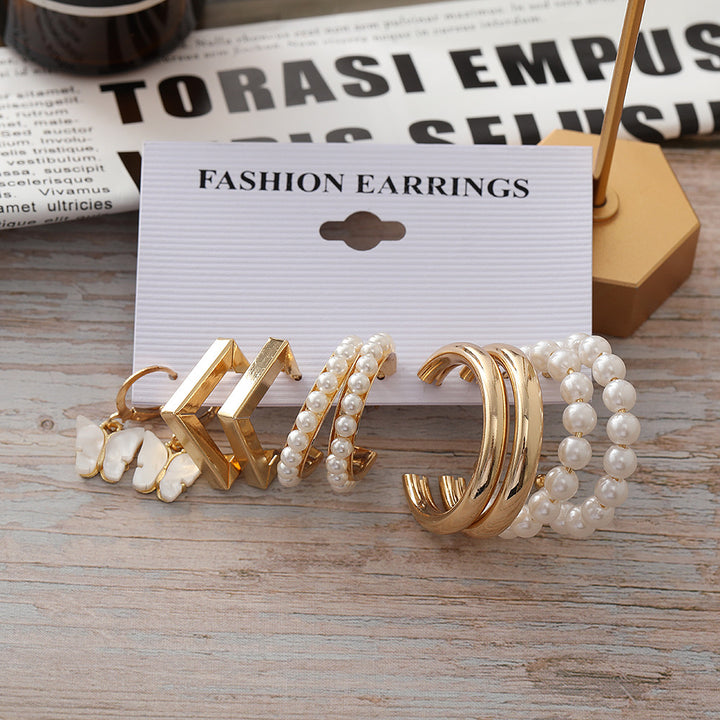 Vembley Gold Plated Butterfly & Pearl Décor Charm Small Hoops Earrings Set For Women & Girls