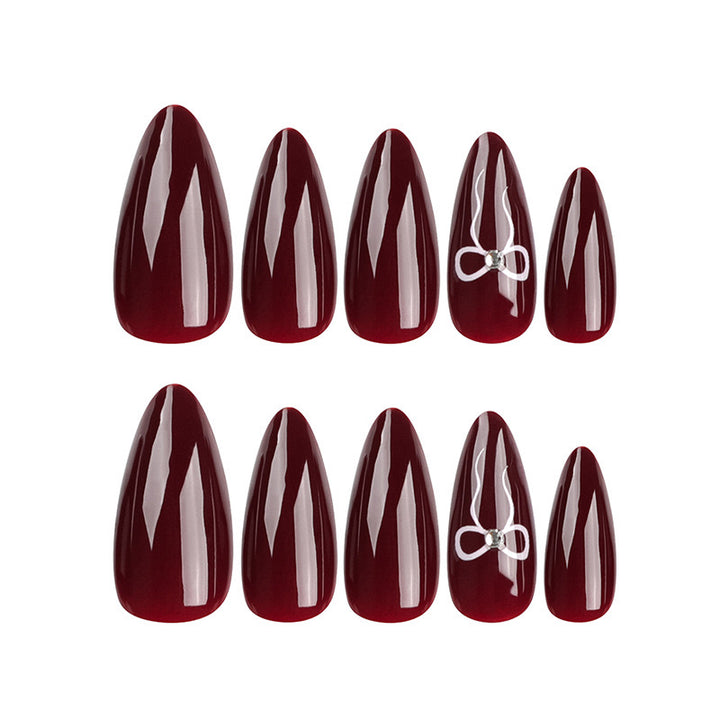 Vembley Set Of 24 Artificial Resuable Base Maroon White Bow Glossy Nails With Sticker And Glue