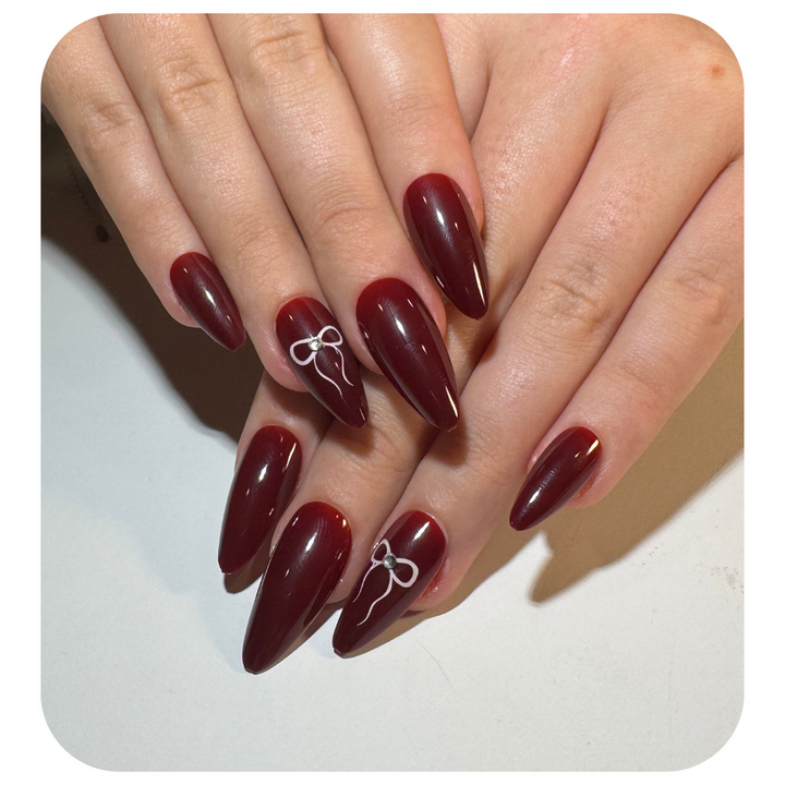 Vembley Set Of 24 Artificial Resuable Base Maroon White Bow Glossy Nails With Sticker And Glue