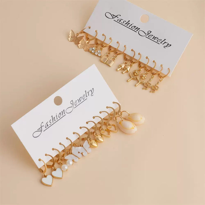 Vembley Trendy 12 Pair Gold Plated Charm Hoop Earring Set for Women & Girls