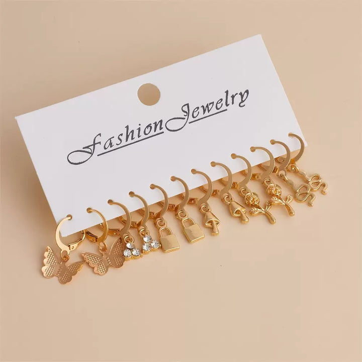 Vembley Trendy 12 Pair Gold Plated Charm Hoop Earring Set for Women & Girls