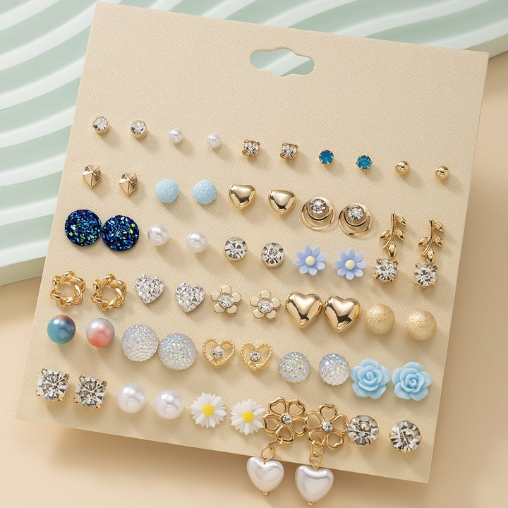 Vembley Trendy Set Of 30 Pair Crystal, Pearl & Flower Stud Earrings for Women & Girls