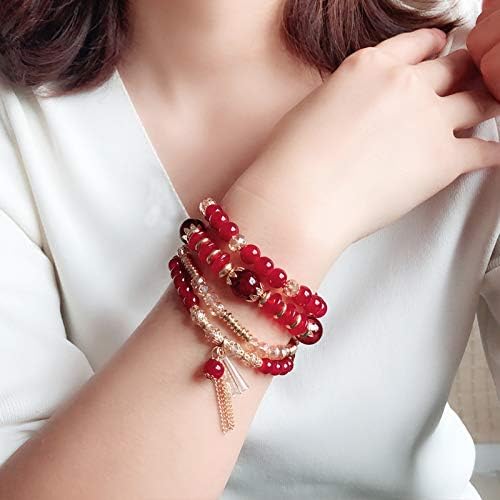 Vembley Boho Stackable Bracelets for Women Set, 4 Pack Girls Stretch Multilayer Stack Beads  Red Beaded Charm Bracelets