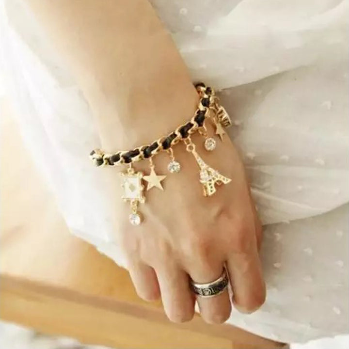 Studded Eiffel Tower Star Charms Bracelet
