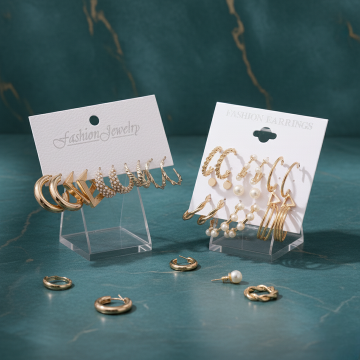 Vembley Pack of 14 Elegant Gold-Plated Pearl Hoop & Stud Earrings Set