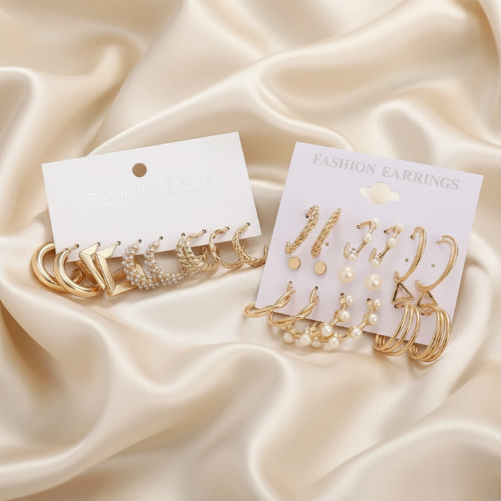 Vembley Pack of 14 Elegant Gold-Plated Pearl Hoop & Stud Earrings Set