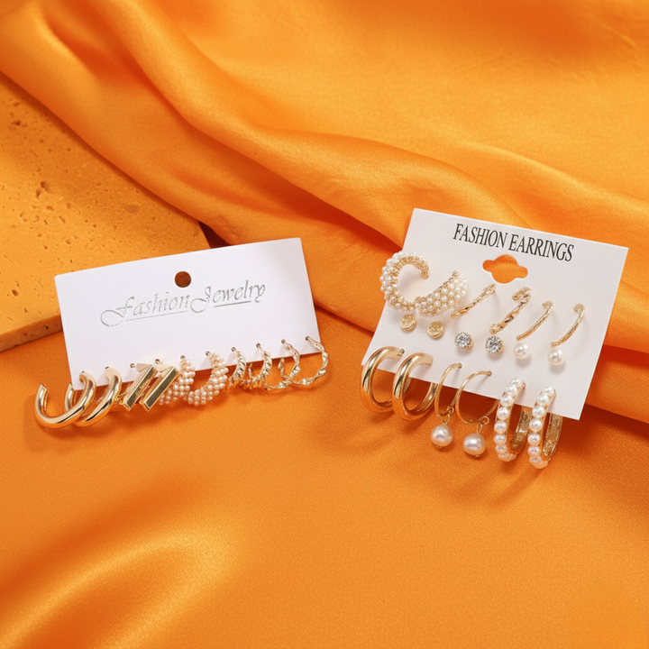 Vembley Combo of 14 Elegant Stylish Gold-Plated Pearl Hoop & Stud Earrings Set