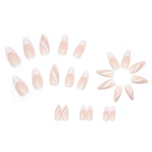 Vembley Set Of 24 Artificial Fake Reusable Press on Nails In Almond Shape With White & Silver Stillet Wave.