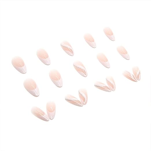 Vembley Set Of 24 Artificial Fake Reusable Press on Nails In Almond Shape With White & Silver Stillet Wave.