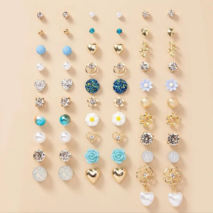 Vembley Trendy Set Of 30 Pair Crystal, Pearl & Flower Stud Earrings for Women & Girls